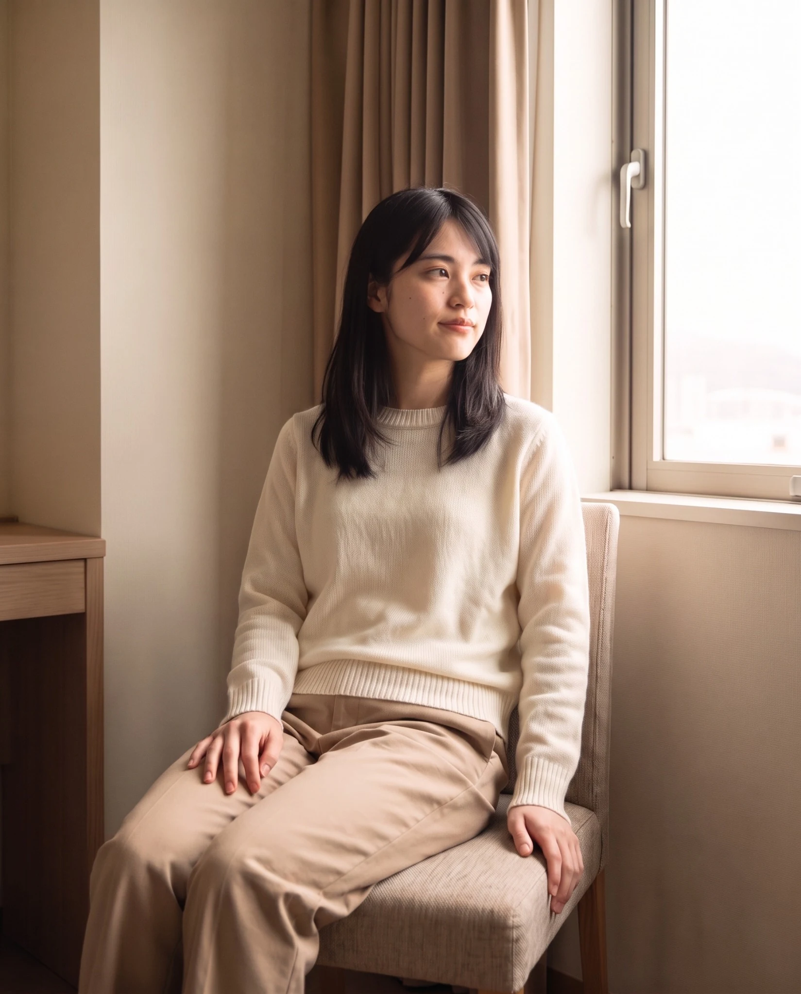自然光の客室で椅子に座る成人女性のイメージビジュアル