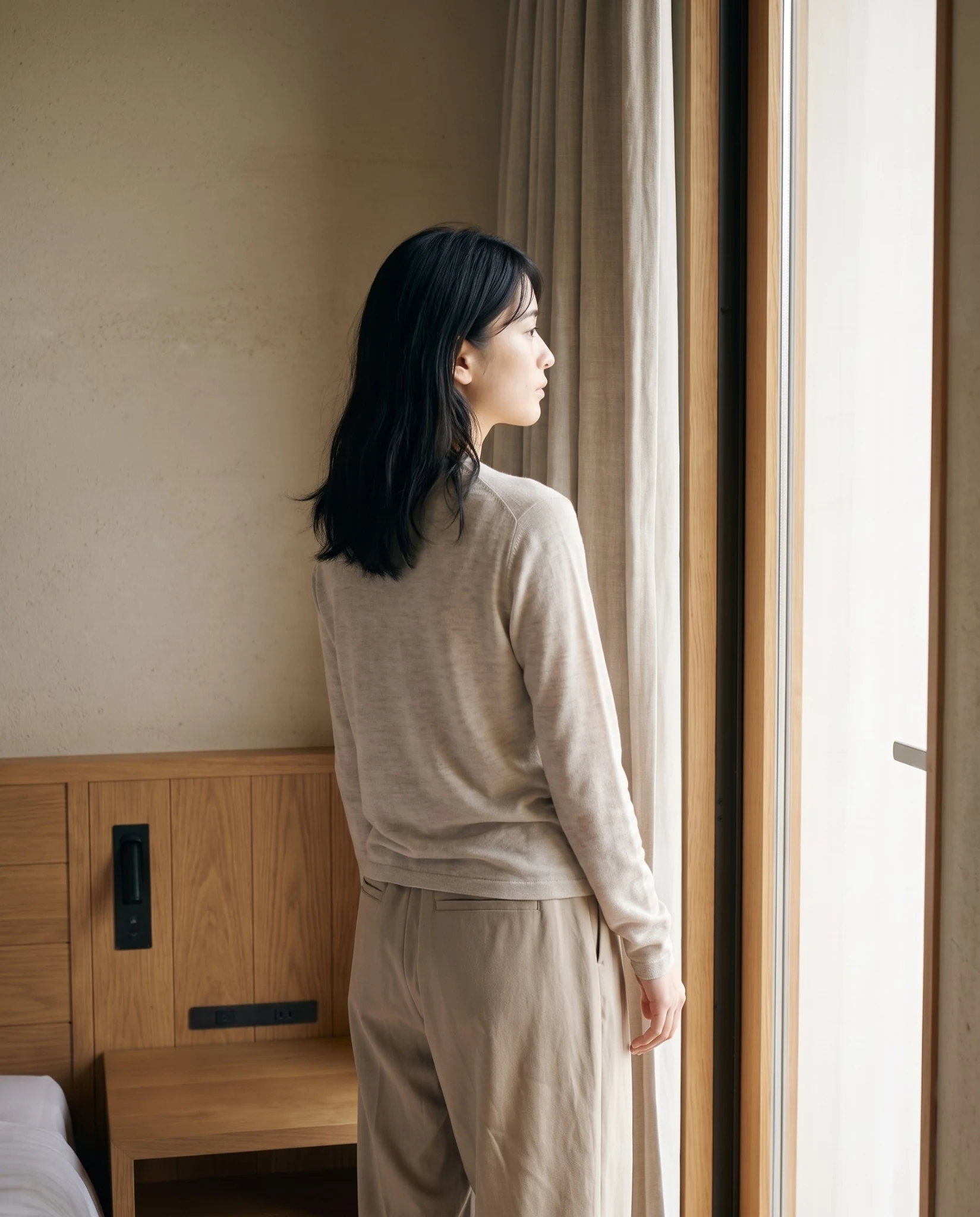 窓の外を見る成人女性を通して顔の公開方法を表現したイメージビジュアル