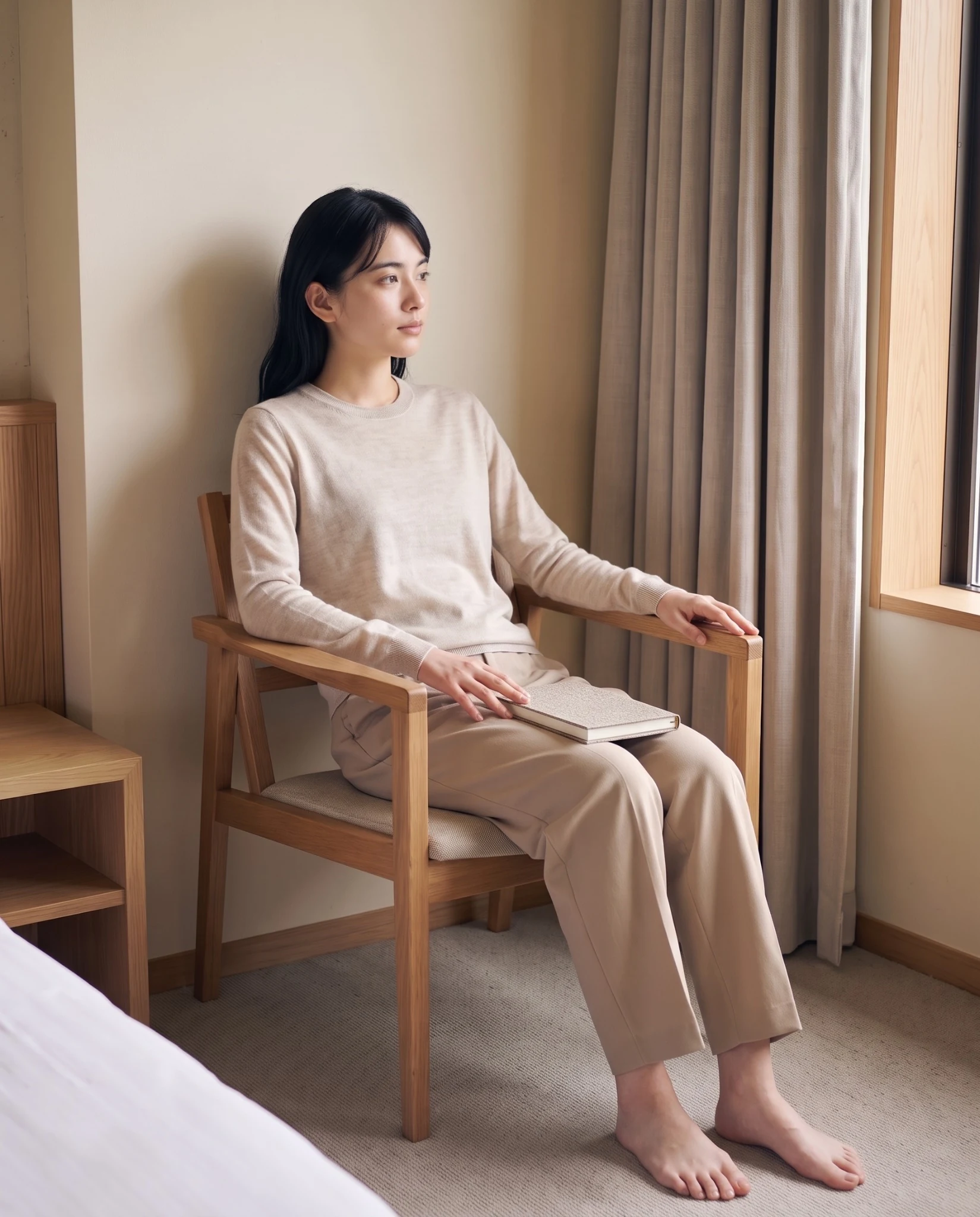 ノートを膝に置き静かに考える成人女性のイメージビジュアル